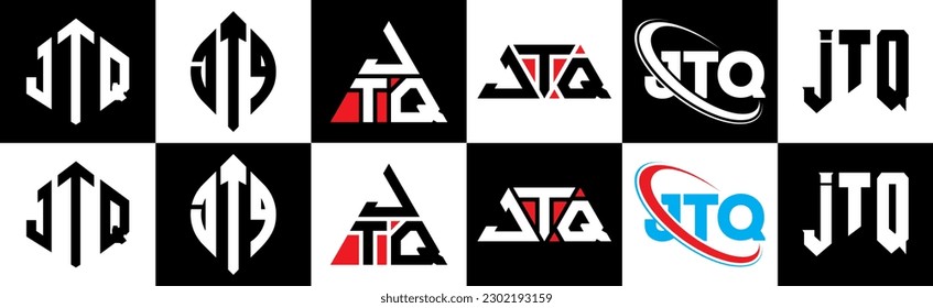 JTQ letter logo design in six style. JTQ polygon, circle, triangle, hexagon, flat and simple style with black and white color variation letter logo set in one artboard. JTQ minimalist and classic logo