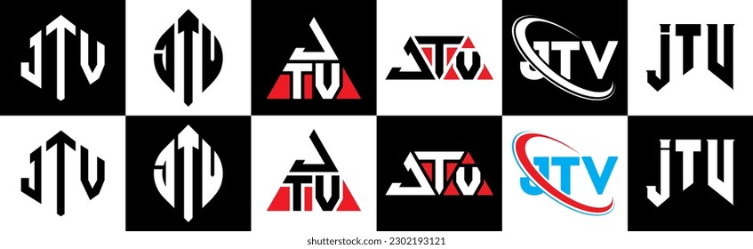 JTV letter logo design in six style. JTV polygon, circle, triangle, hexagon, flat and simple style with black and white color variation letter logo set in one artboard. JTV minimalist and classic logo