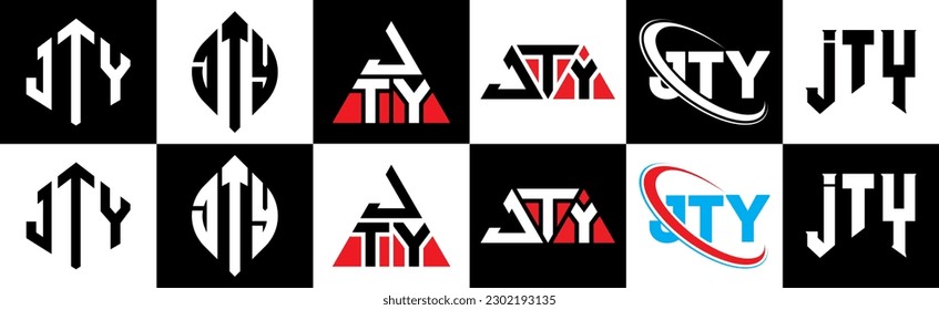 JTY letter logo design in six style. JTY polygon, circle, triangle, hexagon, flat and simple style with black and white color variation letter logo set in one artboard. JTY minimalist and classic logo