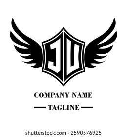 JU bold shield logo with wings, customizable with letters A to Z. Perfect for brands seeking a powerful symbol of strength, freedom, and ambition