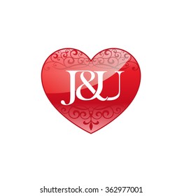 J&U initial letter couple logo with ornament heart shape