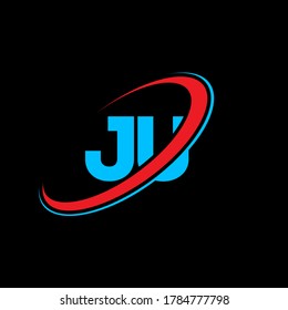 Diseño del logo de la carta JU J U. Letra inicial JT enlazó el logotipo monograma en mayúsculas rojo y azul del círculo. Logo de JU, diseño de J U. ju, j u
