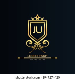 Letra JU Inicial con plantilla real.elegante con el vector de logotipo de la corona, Ilustración vectorial con logotipo de letras creativas.