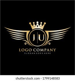 Letra JU inicial con plantilla de logotipo de ala real.