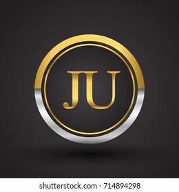 JU Letter logo in a circle, gold and silver colored. Vector design template elements for your business or company identity.