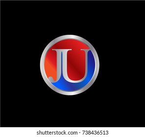 JU Letter logo Design in a circle. Blue and silver colored
