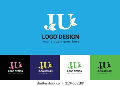 JU letters eco logo with leaf. Vector typeface for nature posters, eco friendly emblem, vegan identity, herbal and botanical cards etc. Ecology JU letters logo with leaf.