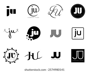 JU logo company template. Letter j and u logotype. Set different classic serif lettering and modern bold text with design elements. Initial font typography. Collection trendy business identity.