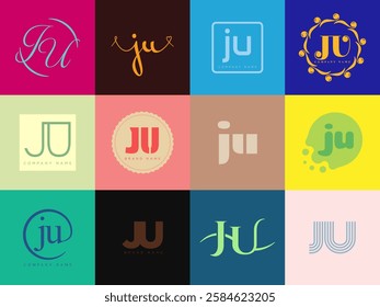 JU logo company template. Letter j and u logotype. Set different classic serif lettering and modern bold text with design elements. Initial font typography. Collection trendy business identity.