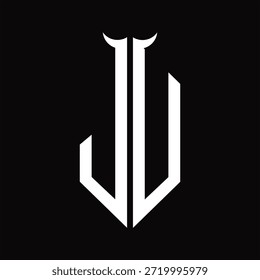Monograma del logotipo de JU con la forma del cuerno aislada Plantilla de diseño blanco y negro sobre fondo negro