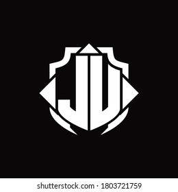 JU logo monogram with shield line and 3 arrows shape design template on black background