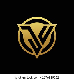 JU logo monogram with triangle shape and circle rounded style isolated on gold colors and black background design template