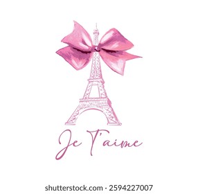 Ju T'aime (I Love You) Slogan with Eiffel Tower Illustration, Vector Design