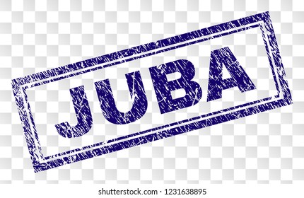 JUBA stamp seal print with rubber print style and double framed rectangle shape. Stamp is placed on a transparent background. Blue vector rubber print of JUBA text with unclean texture.