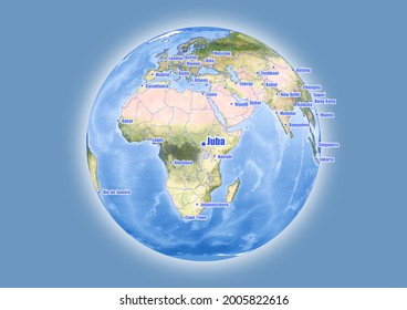 Juba-South Sudan is shown on vector globe map. The map shows Juba-South Sudan 's location in the world.