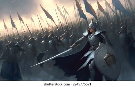 A jubilant army of knights in plate armor with swords and shields responds to the cry of their holy leader, she is a woman with a huge sword and a long cloak hovering in ozduh like an angel. 2d art