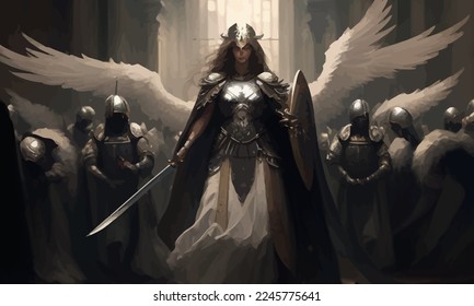 A jubilant army of knights in plate armor with swords and shields responds to the cry of their holy leader, she is a woman with a huge sword and a long cloak hovering in ozduh like an angel. 2d art