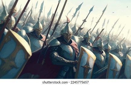 A jubilant army of knights in plate armor with swords and shields responds to the cry of their holy leader, she is a woman with a huge sword and a long cloak hovering in ozduh like an angel. 2d art