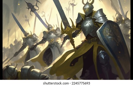 A jubilant army of knights in plate armor with swords and shields responds to the cry of their holy leader, she is a woman with a huge sword and a long cloak hovering in ozduh like an angel. 2d art