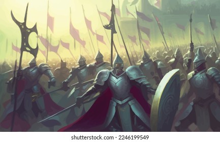 A jubilant army of knights in plate armor with swords and shields responds to the cry of their holy leader, she is a woman with a huge sword and a long cloak hovering in ozduh like an angel. 2d art