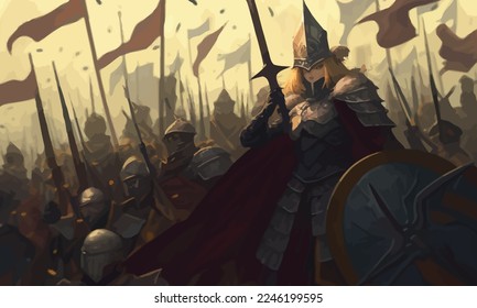 A jubilant army of knights in plate armor with swords and shields responds to the cry of their holy leader, she is a woman with a huge sword and a long cloak hovering in ozduh like an angel. 2d art