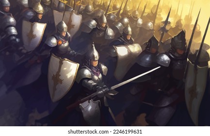 A jubilant army of knights in plate armor with swords and shields responds to the cry of their holy leader, she is a woman with a huge sword and a long cloak hovering in ozduh like an angel. 2d art