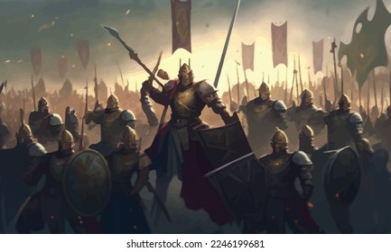 A jubilant army of knights in plate armor with swords and shields responds to the cry of their holy leader, she is a woman with a huge sword and a long cloak hovering in ozduh like an angel. 2d art