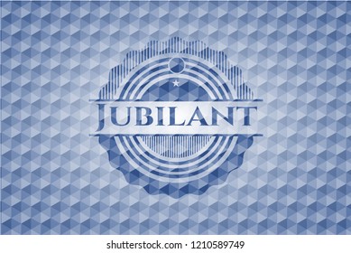 Jubilant blue emblem with geometric background.