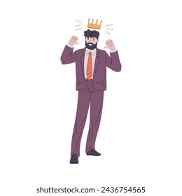 A jubilant businessman with a crown floats mid-air, radiating success and happiness in this modern, minimalist vector illustration.