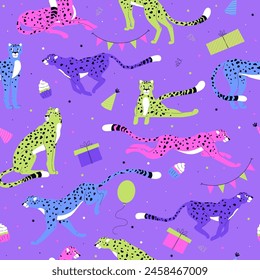 A jubilant cheetah party seamless pattern. Vector illustration set on purple with colorful cheetahs, gifts, cupcakes, and party accessories for festive designs.