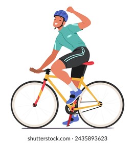 Jubilant Cyclist Character Raised His Triumphant Fist In The Air, Celebrating Victory With A Radiant Smile, Embodying The Pure Joy Of Sportsmanship And Achievement. Cartoon People Vector Illustration