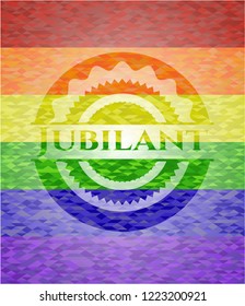 Jubilant emblem on mosaic background with the colors of the LGBT flag