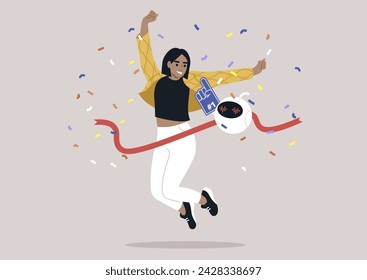 Jubilant Girl Crossing the Finish Line With a Smiling electronic companion, a cheerful young character leaps over a red ribbon with a robot at her side amid a shower of confetti