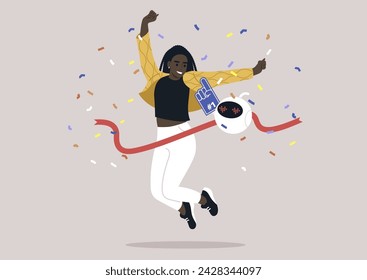 Jubilant Girl Crossing the Finish Line With a Smiling electronic companion, a cheerful young character leaps over a red ribbon with a robot at her side amid a shower of confetti