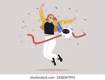 Jubilant Girl Crossing the Finish Line With a Smiling electronic companion, a cheerful young character leaps over a red ribbon with a robot at her side amid a shower of confetti