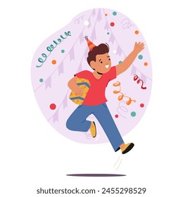 Jubilant Little Boy Leaps Joyfully With A Gift In Hand Amidst A Birthday Celebration, His Laughter Echoing In The Air. Happy Kid Character Rejoice under Falling Confetti. Cartoon Vector Illustration