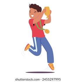 Jubilant Young Athlete Boy, Clad In Sportswear, Leaps Triumphantly While Clutching Gleaming Gold Trophy, Radiating Pure Joy And Victory. Happy Kid Winner Sportsman. Cartoon People Vector Illustration