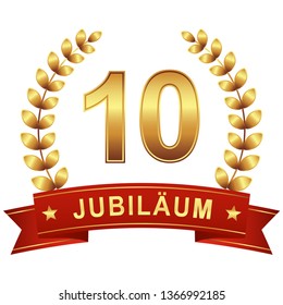 Jubilee button with banner for 10 years (text in german)