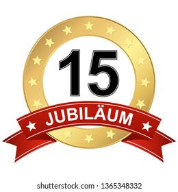 Jubilee button with banner for 15 years (text in german)