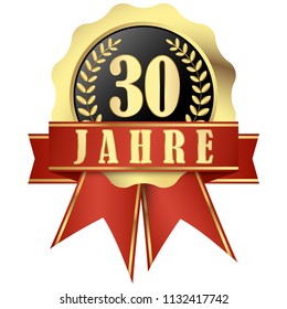 Jubilee button with banner and ribbons for 30 years (in german) svg