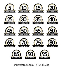 Jubilee for celebration. Number of followers, vector set of signs in a round frame with ribbon. Accurate design in black and gold color