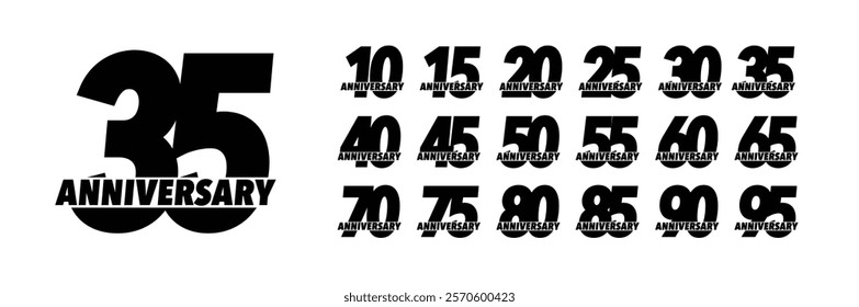 Jubillee date symbol, bold heavy numbers. Business anniversary vector logo set. Birthday company label. Anniversary celebrating emblems for sport and automotive brands. Vector illustration.