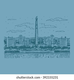 The Juche Tower (more formally, Tower of the Juche Idea) is a monument in Pyongyang, the capital of North Korea. Sketch by hand. Vector illustration