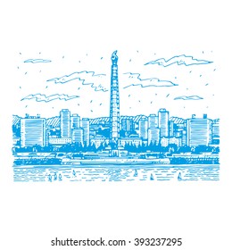 The Juche Tower (more formally, Tower of the Juche Idea) is a monument in Pyongyang, the capital of North Korea. Sketch by hand. Vector illustration