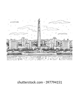 The Juche Tower (more formally, Tower of the Juche Idea) is a monument in Pyongyang, the capital of North Korea. Sketch by hand. Vector illustration