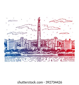 Juche Tower in Pyongyang, North Korea. Sketch by hand. Vector illustration