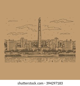 Juche Tower in Pyongyang, North Korea. Sketch by hand. Vector illustration