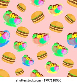 Jucy, hearty burger and amazing, delicate ice cream will give you a great mood, isolated pattern illustration