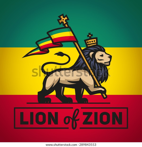 Judah lion with a rastafari flag. King of Zion logo illustration. Reggae music vector design