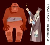 Judah Loew ben Bezalel a rabbi of Prague revives  Golem (anthropomorphic being in Jewish folklore created from clay or mud). Vector illustration

